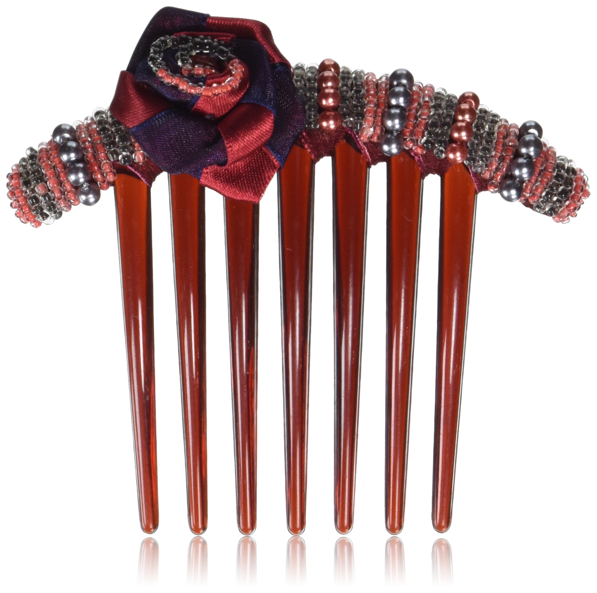 Caravan French Twist Comb Decorated In Two (2) Tone Wrapped Rose And Multiple Beads In Red And Black
