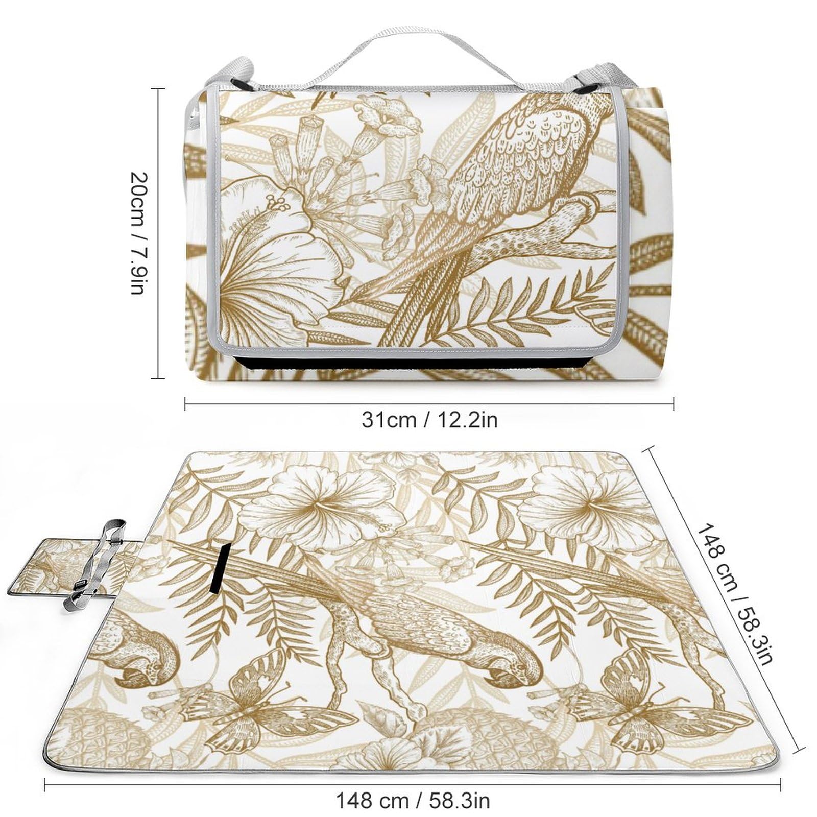 Exotic-Plants-Parrots Picnic Blanket Waterproof Foldable, Large Outdoor Picnic Blanket Beach Blankets Camping Blanket Travel Mat, Shoulder Strap Tote, Rectangle 58x58in
