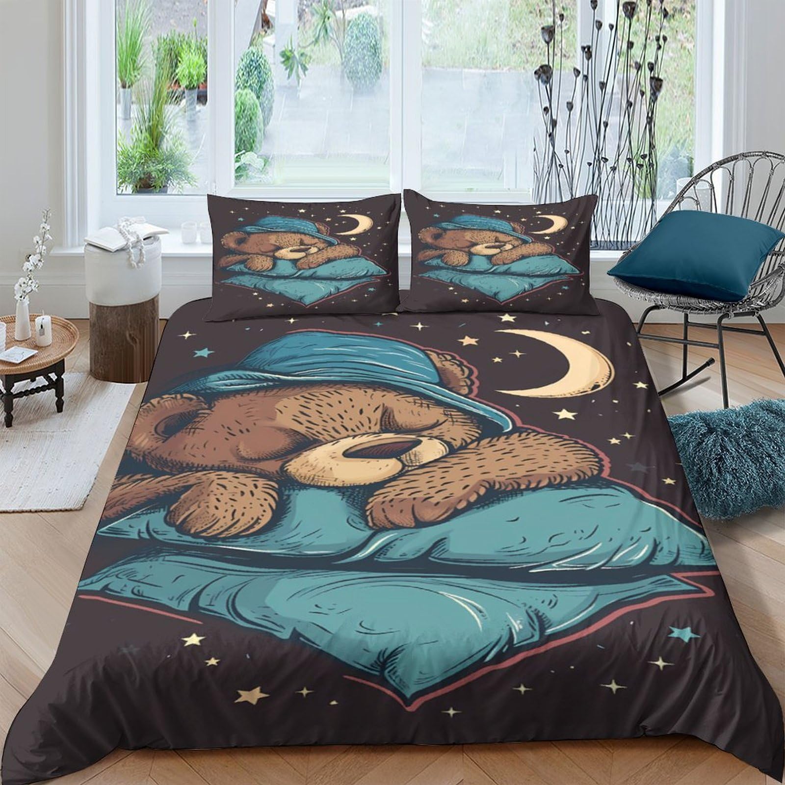 Ctjqhvkz Style-5 3D Printed Sleeping Bear Moon Fitted Sheet Microfiber Soft Slip-Resistant Bed Cover For Bedroom Dorm Mattress Decor Single（135X200cm）