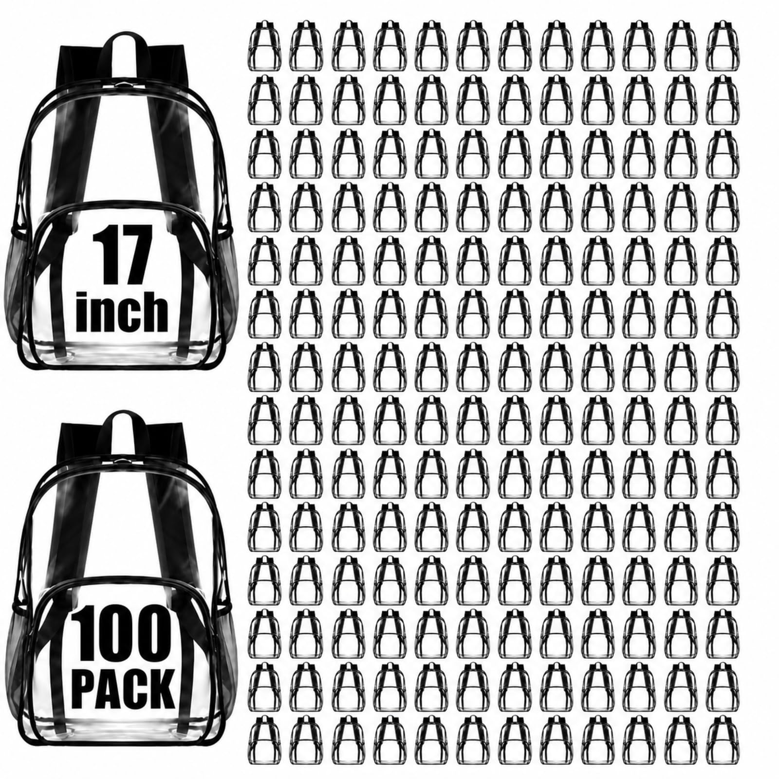Amylove 100 Pcs Clear Backpack bulk for Stadium Events Heavy Duty PVC Transparent Bookbag for College Workplace Security (17 Inches,Black)