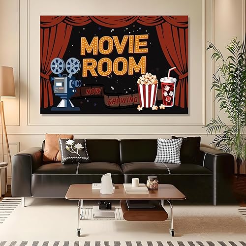 Movie Canvas Wall Art, Retro Movie Night Canvas Wall Art, Camera Picture Print, Home Theater Print Decor, Man Cave Painting, Living Room, Movies