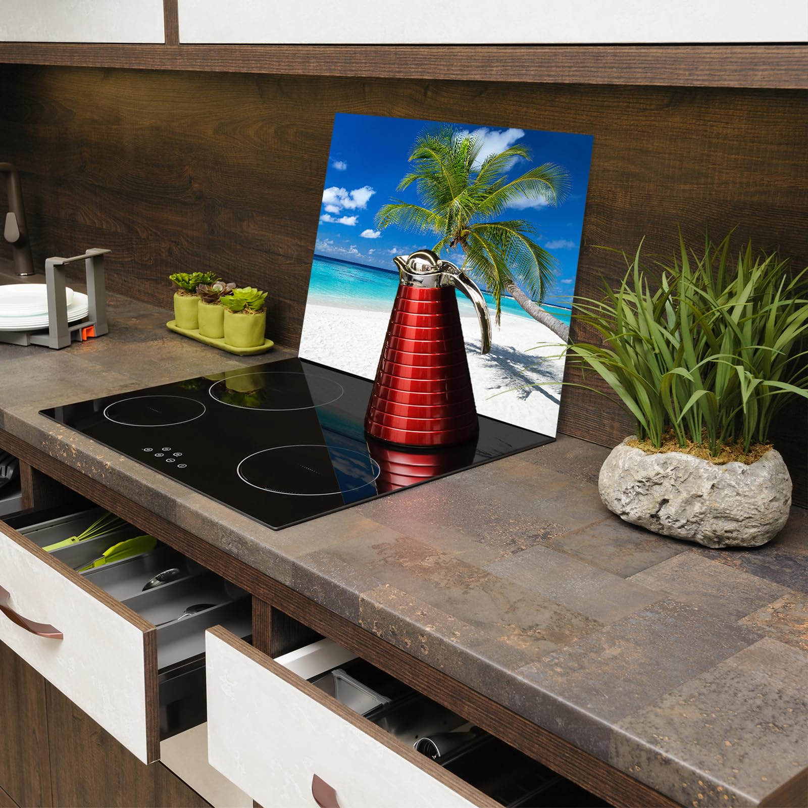 Protection plaque de cuisson, vitrocéramique, verre trempé, pour cuisinières électrique, à induction,planche à découper 60x52 cm une pièce Beach Sea Blue (107152)