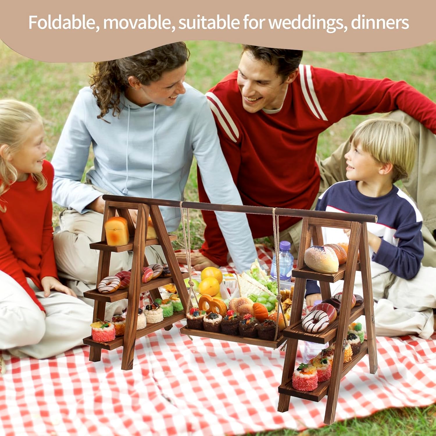 Janedream Wooden Cupcake Stand, 3-Tier Dessert Display Set with Removable & Foldable Stands, Rustic Candy Cart Serving Tray for Party, Cakes, Pastries, Fruits & Snacks