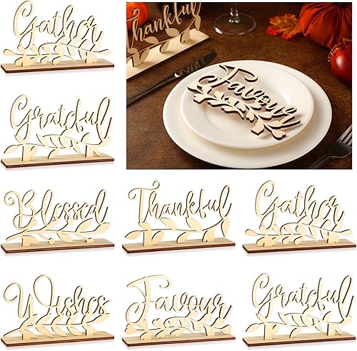 24 piezas de letrero de madera con soporte de Thankful Grateful Gather Blessed Sign Word Wood Cutout Letrero de mesa de Acción de Gracias para
