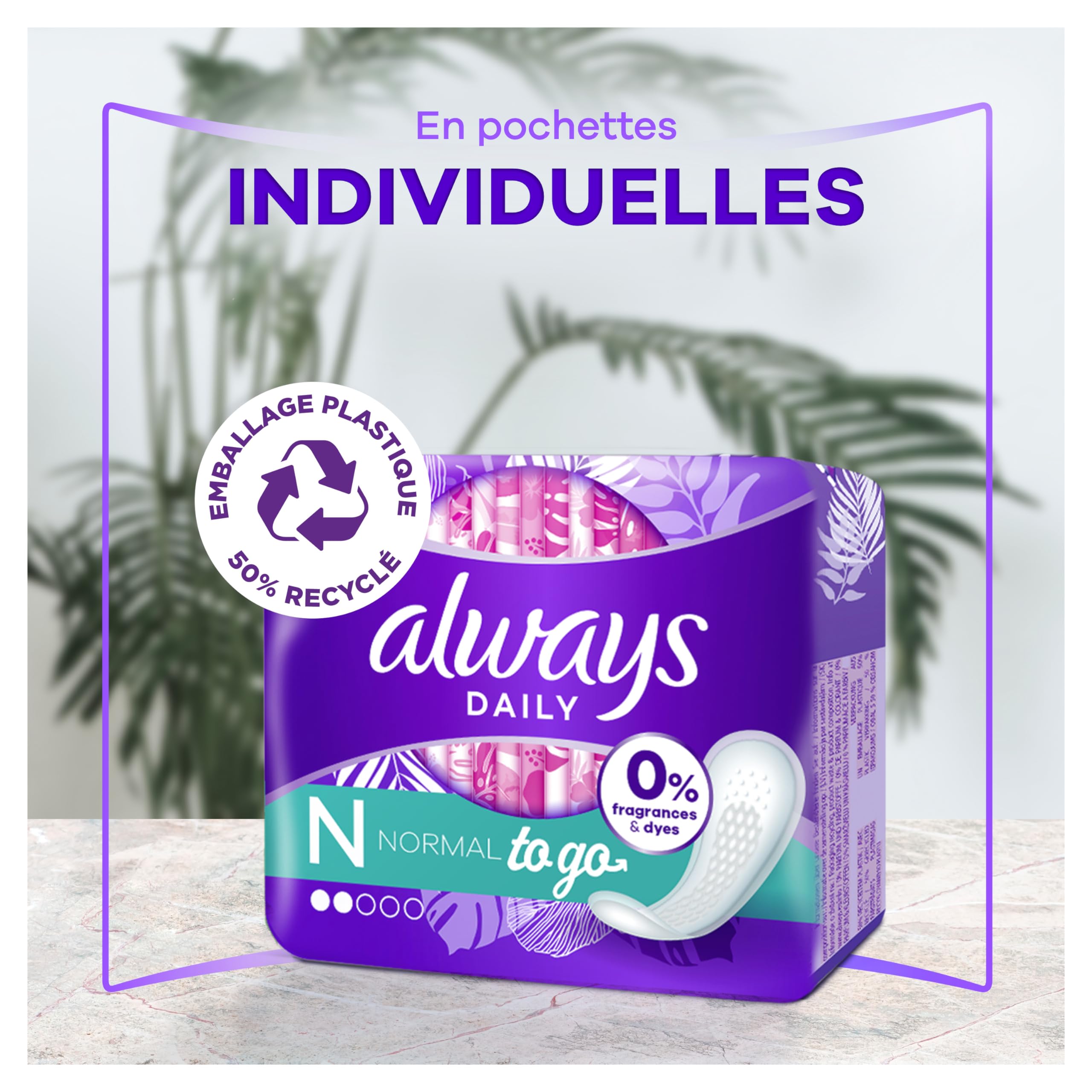 Always Daily Fresh Protège-Slips Normal Pochettes Individuelles 16x20 Unités, 0% de parfum et colorant, Pour ne sentir rien d’autre que fraîcheur et protection