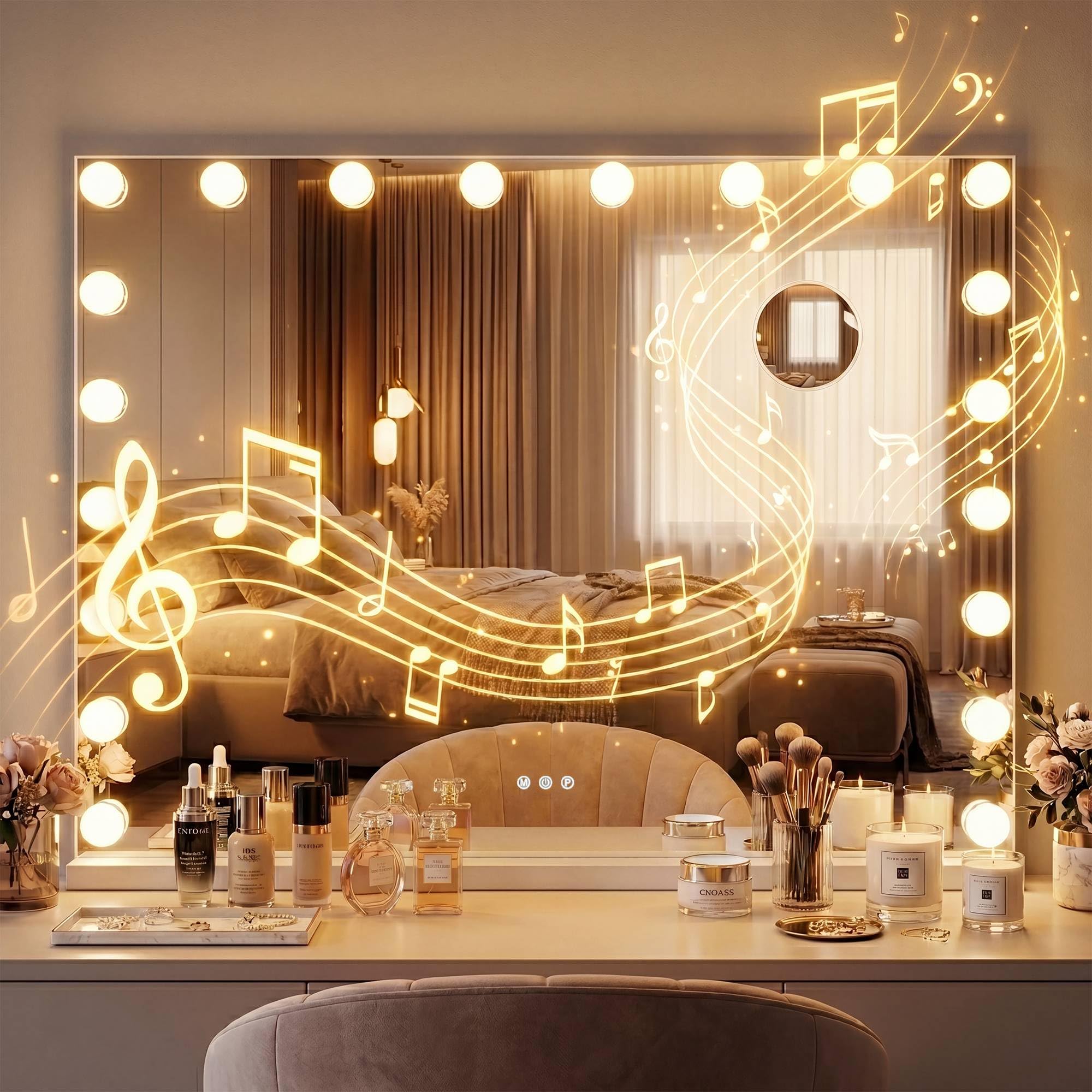 CLP Espejo de Maquillaje con Iluminación 80x60 cm Norlina, Altavoz Bluetooth, USB, Estilo Hollywood, Montaje en Pared o de Pie, Color:Blanco, Contenido del Set:con Bluetooth
