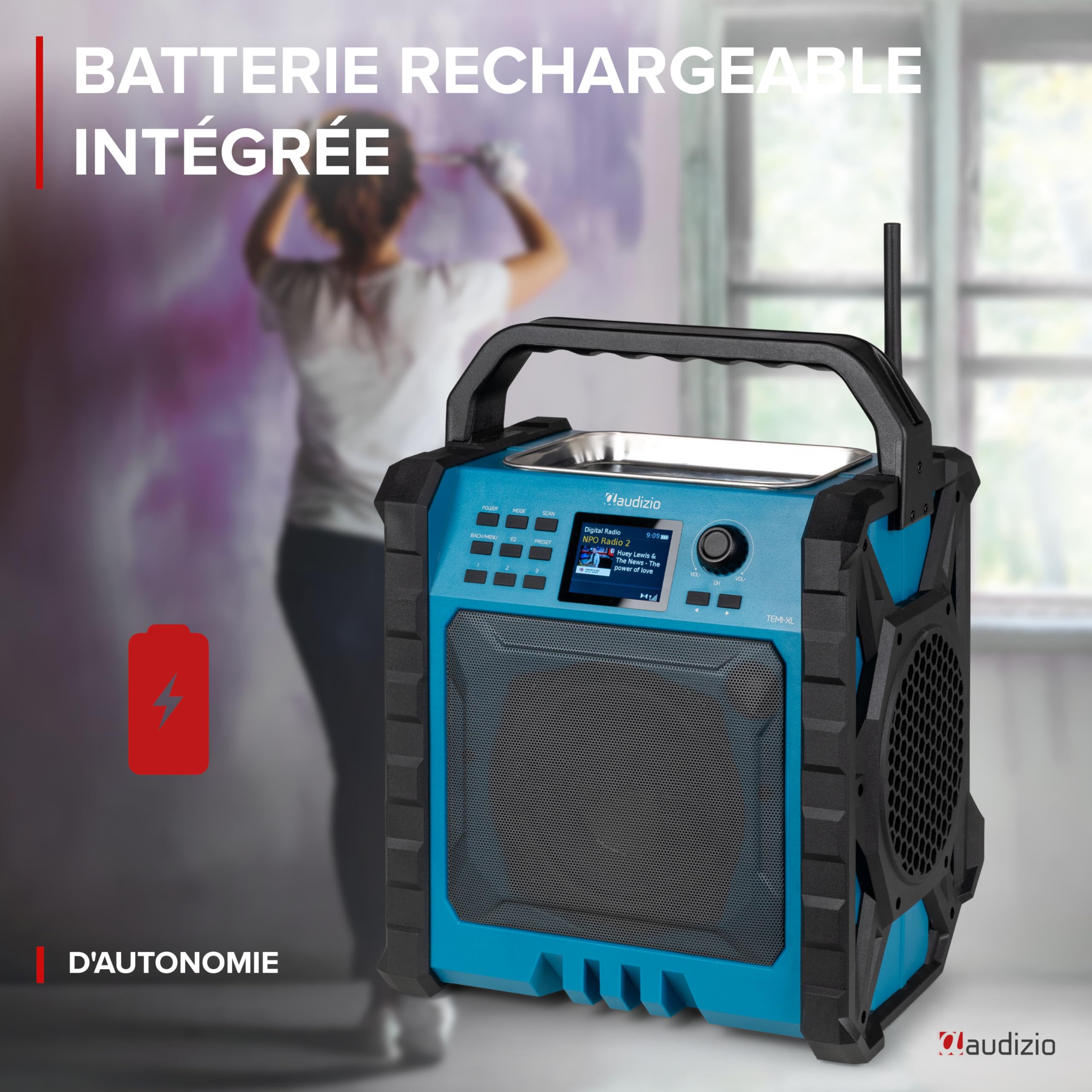 Audizio TEMI-XL - Radio de Chantier 200W avec Dab+/FM, BT sans Fil, Batterie Longue Durée & Powerbank - Enceinte Robuste IP54