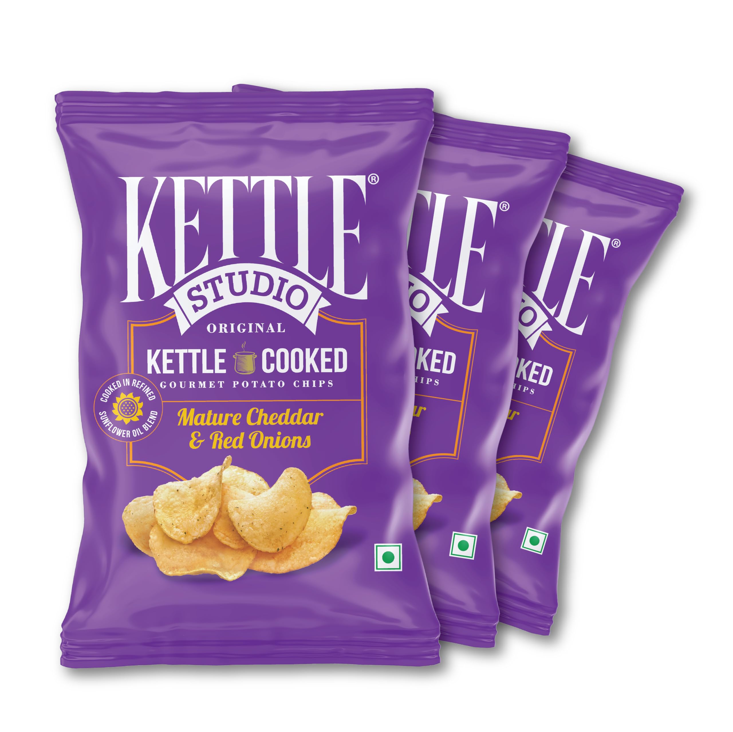 Kettle-Cooked Potato Chips Mature Cheddar & Red Onions | Crunchy, Thick Cut, Gluten-Free Snack | Cheese & Onion Chips | Party Snack | 120g Pack of 3