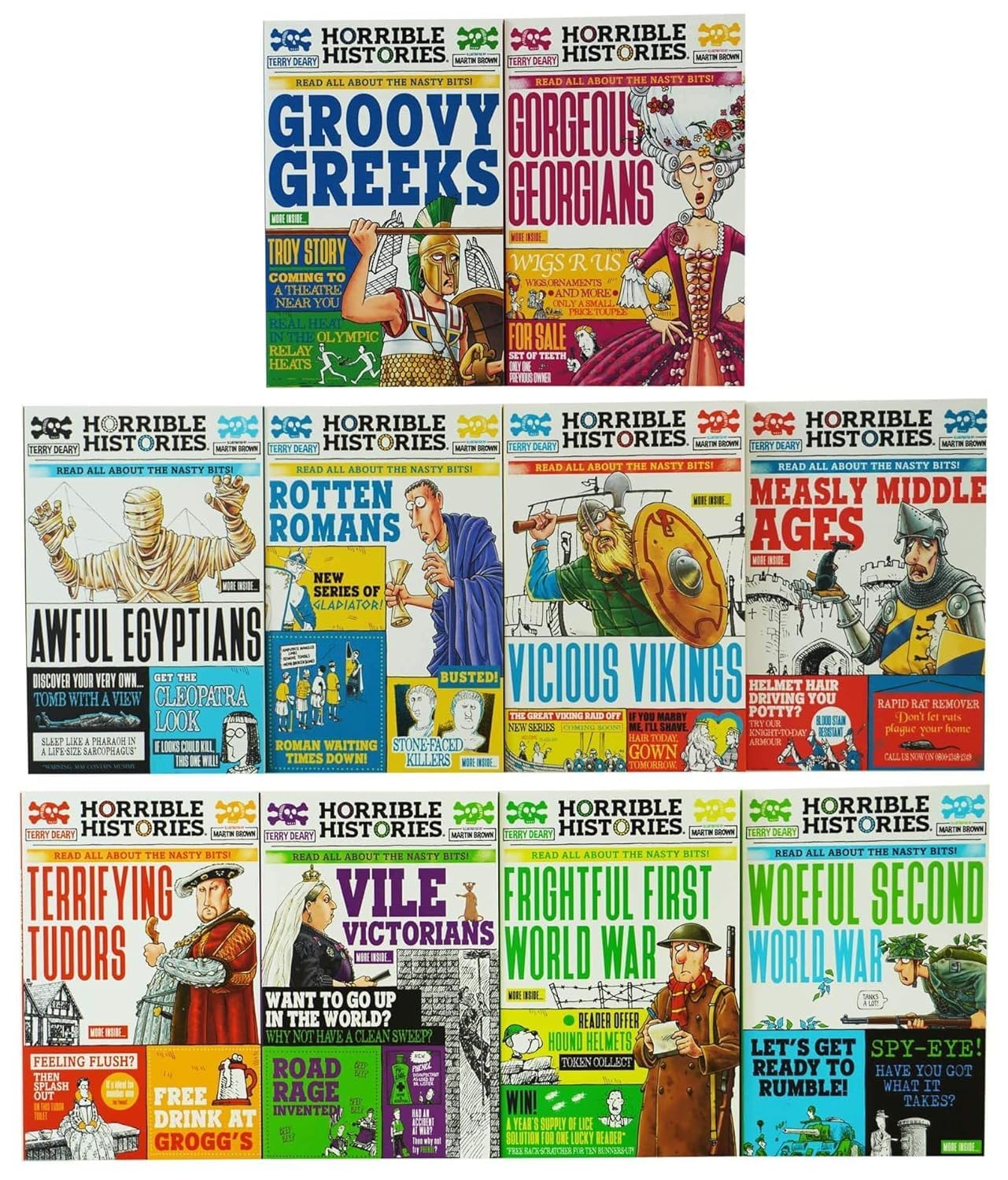 Horrible Histories Savage 10 Book Collection Set (Awful Egyptians, Rotten Romans, Vicious Vikings, Measly Middle Ages, Terrifying Tudors, Vile Victorians, Frightful First World War & More...)