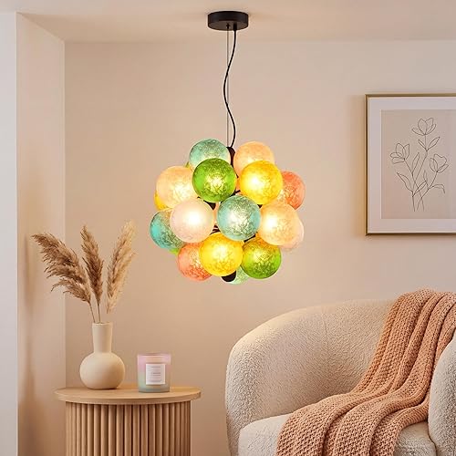ziidoo Modern Colorful Glass Pendant Light，Globe Ice Crystal Pattern Lampshade