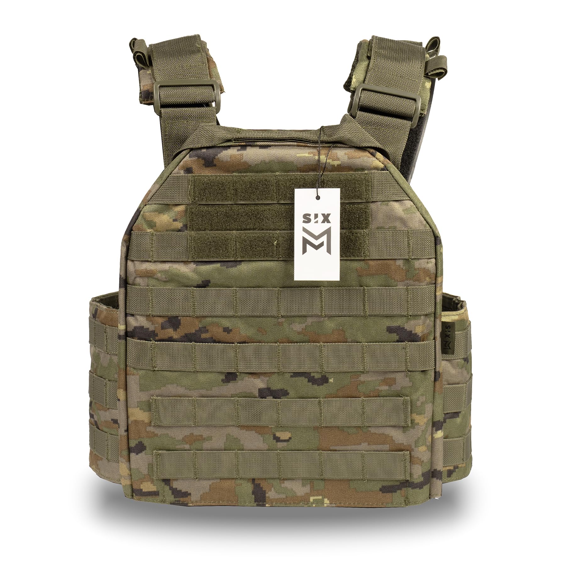 Genérico SIXMM Chaleco Táctico Portaplacas 036M-SW Camuflaje boscoso pixelado español, tamaño ajustable, porta cargador triple frontal y sistema molle modular