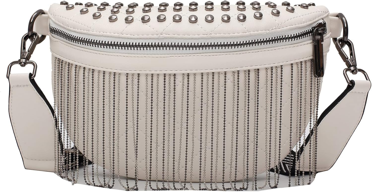 GLT.ETL Fanny Pack Chest Bag For Women Faux leather Fringe Quilted Waist Cross Body Blet Bum Bags Rivet Studded Tassel Purses (Beige White)