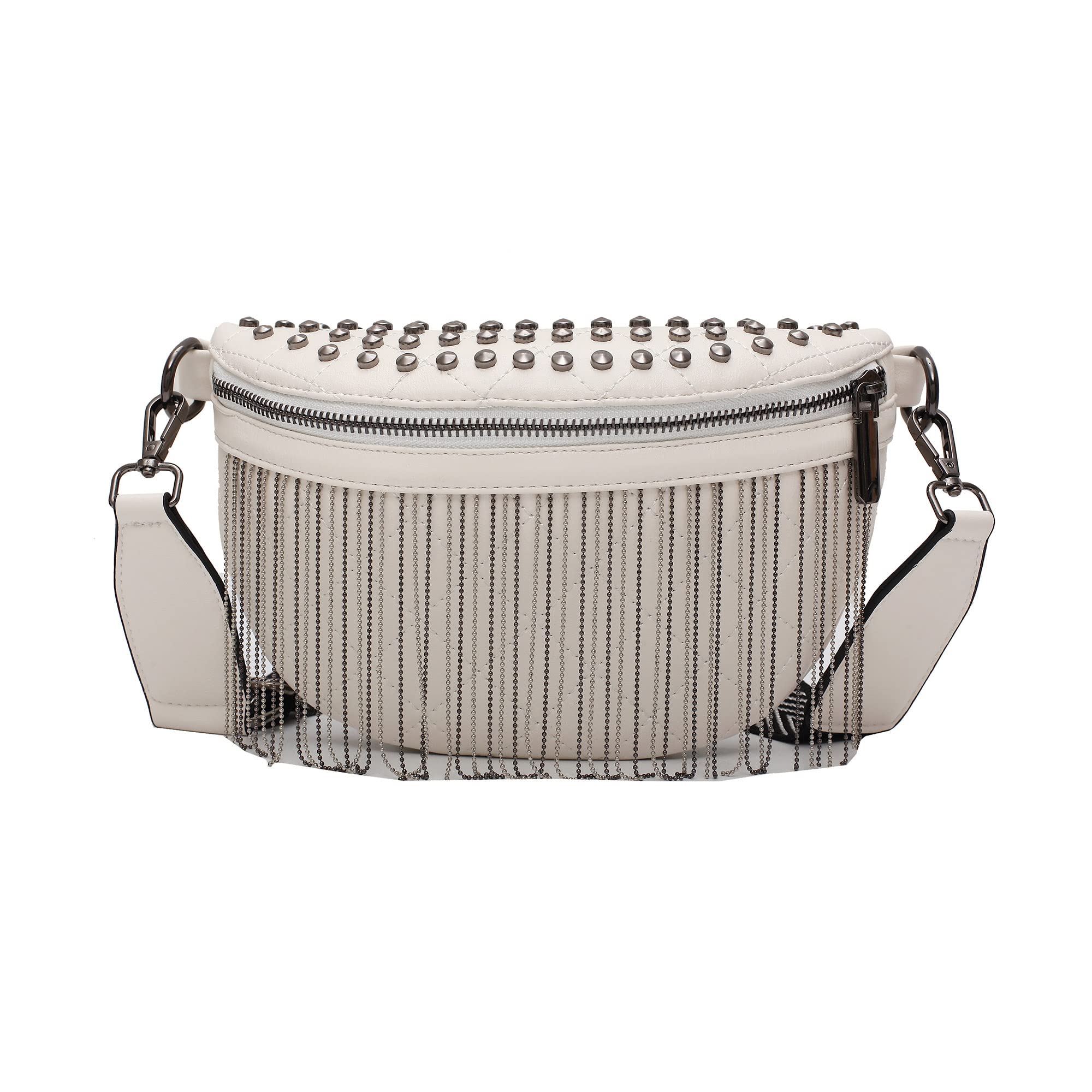 GLT.ETL Fanny Pack Chest Bag For Women Faux leather Fringe Quilted Waist Cross Body Blet Bum Bags Rivet Studded Tassel Purses (Beige White)