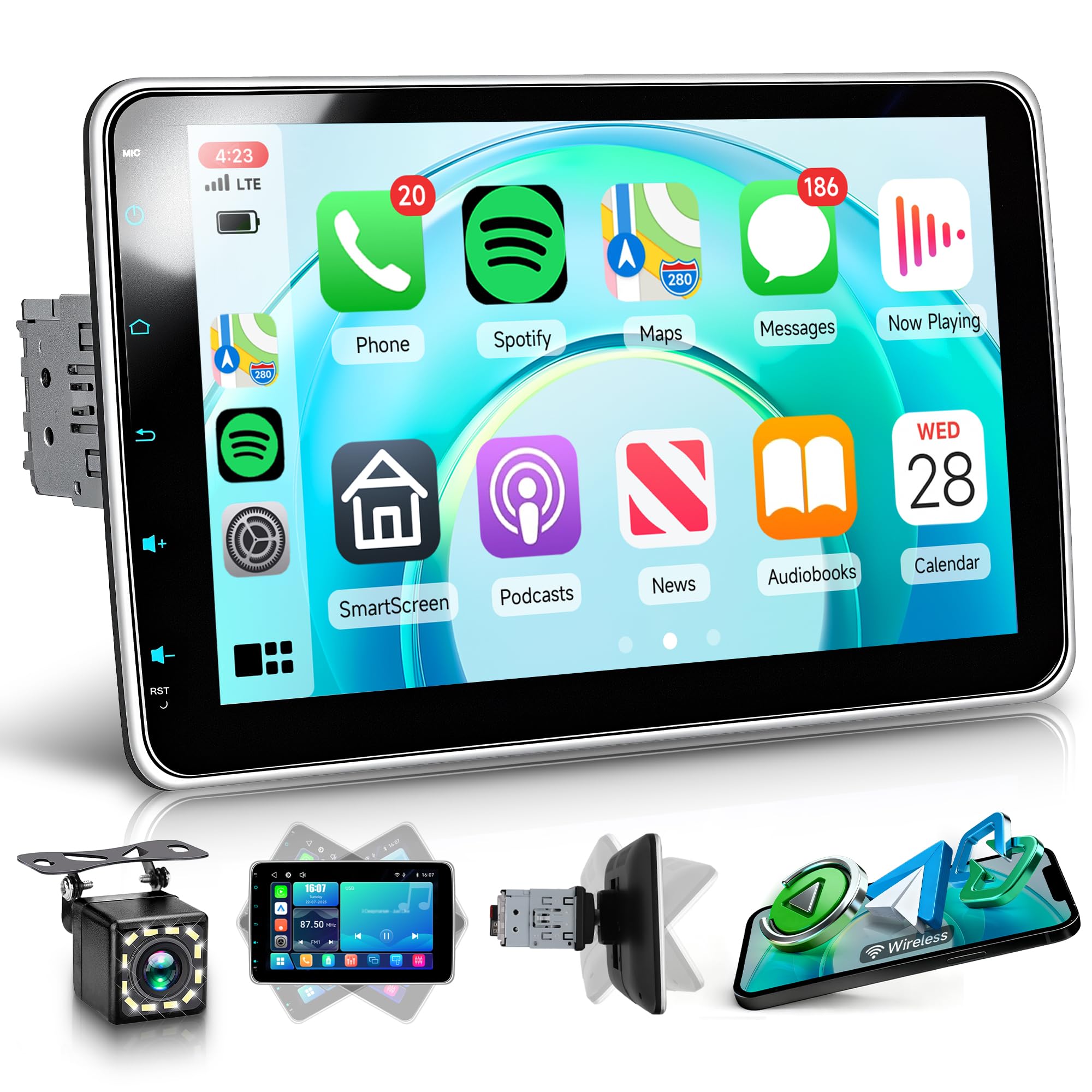 Rimoody Wireless Carplay Autoradio 1 Din mit Wireless Android Auto, 10 Zoll Einstellbar Touchscreen Autoradio mit Mirror Link Bluetooth FM/RDS Radio USB/Type C Lenkradsteuerung Rückfahrkamera