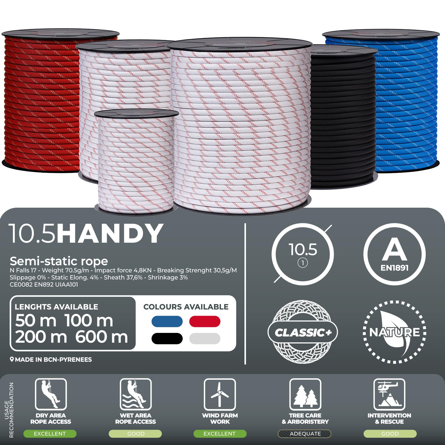 FIXE - Cuerda Semiestática Handy 10,5 mm Tipo A EN1891 para Acceso por Cuerda y Trabajos Verticales