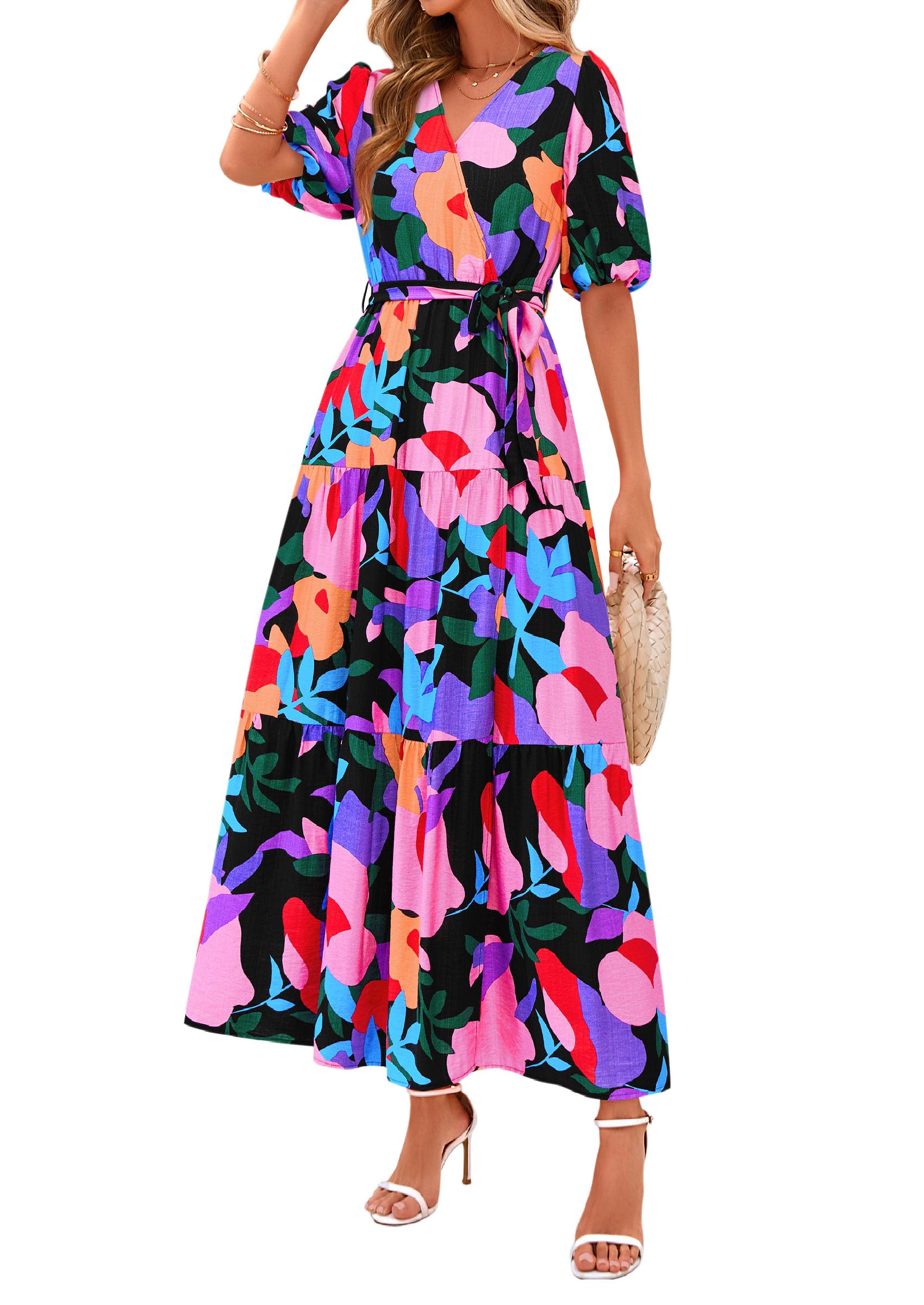 PRETTYGARDEN Women's Summer Maxi Dress 2026 Resort Wear Boho Floral V Neck Puff Short Sleeve Ruffle Flowy Beach Long Dresses