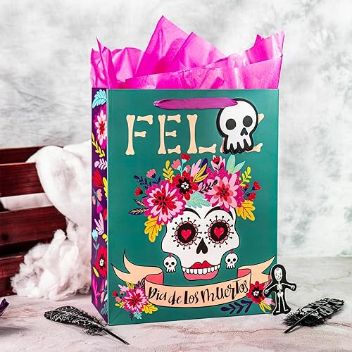 Miniatura 4 de Loveinside Day of The Dead - Bolsas de regalo medianas con papel de seda y etiqueta para vacaciones, fiestas, 10 x 5 x 13 pulgadas, 1 unidad,