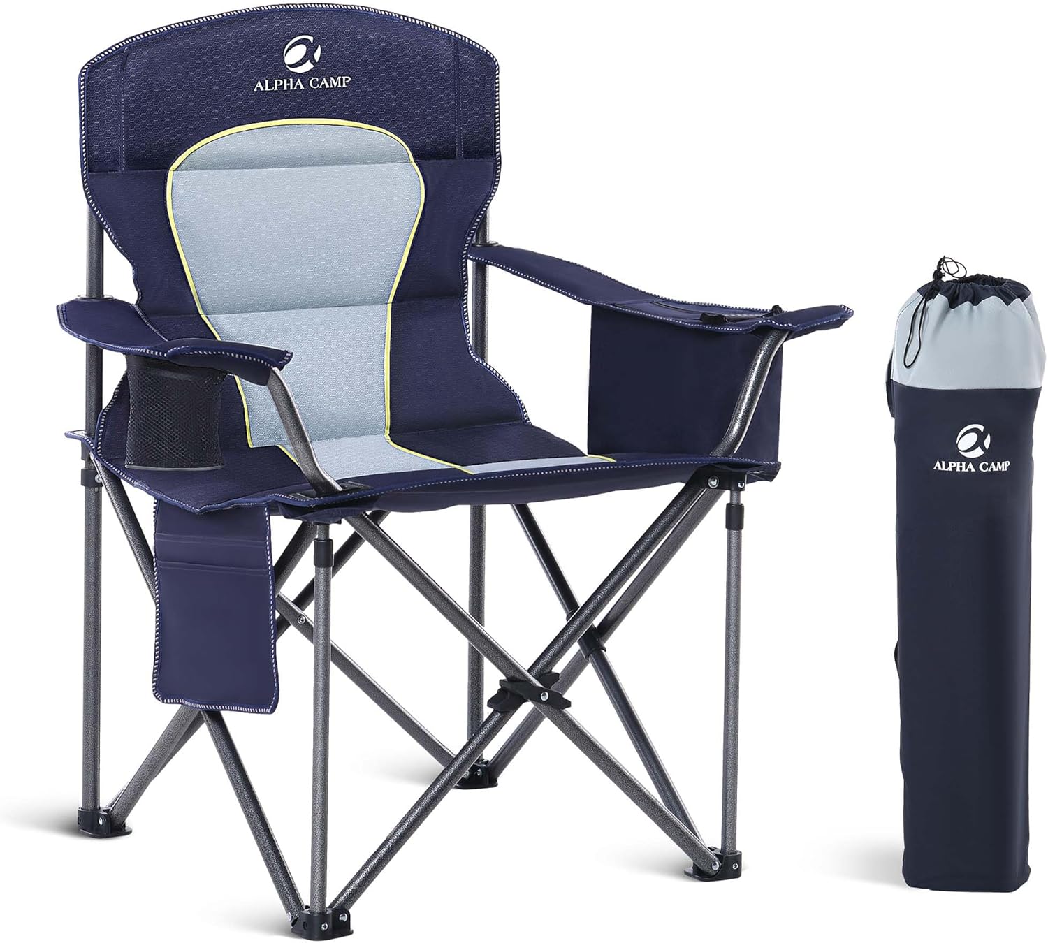 LET'S CAMP Oversized Folding Camping Chair Portable Outdoor Heavy Duty Padded Chairs Lawn Chair with Cup Holder, Storage Pocket and Cooler Bag, Supports 450LBS, for Camp, Travel, Picnic (Blue) Single Pack Blue