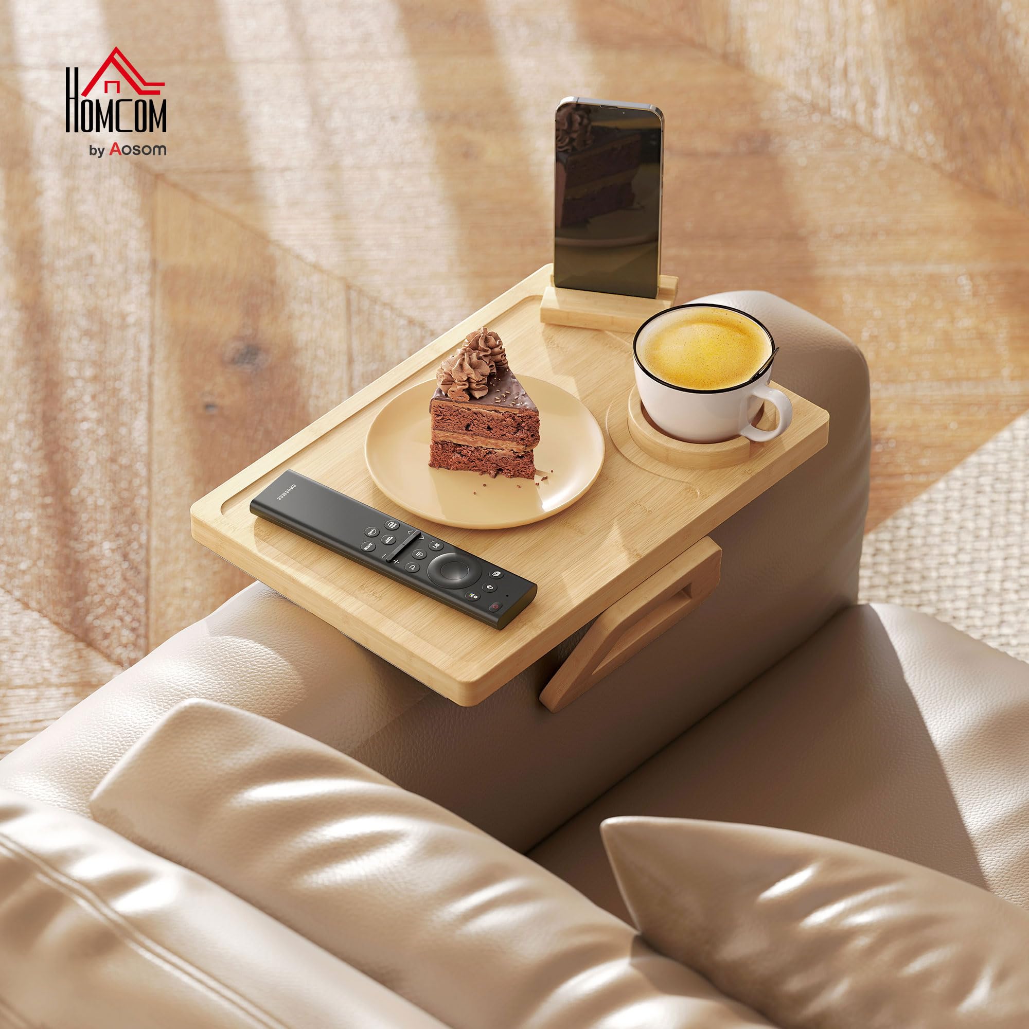 HOMCOM Plateau d'accoudoir de canapé en Bambou Flexible, Plateau d'accoudoir de canapé avec Porte-gobelet Amovible, Table d'appoint à charnière avec Support pivotant à 360° pour téléphone,