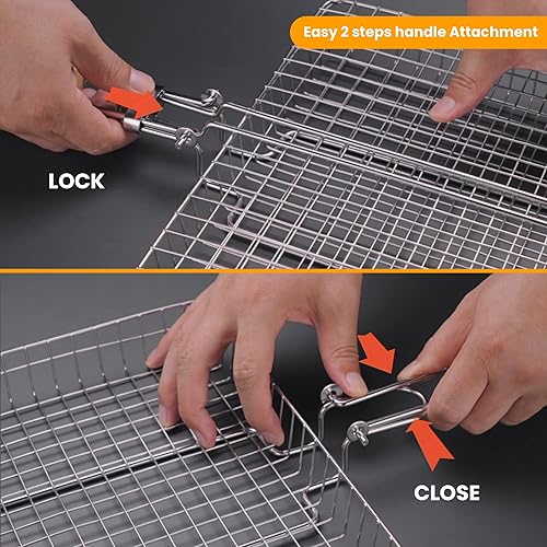 Miniatura 4 de Cesta de parrilla de pescado para barbacoa al aire libre, cesta de acero inoxidable para asar verduras con mango desmontable y plegable, incluye 5