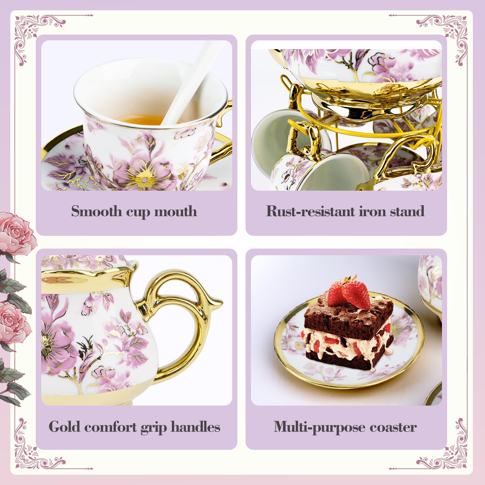 Juego de té de porcelana de 20 piezas con soporte de metal, regalo para adultos, juego de té de cerámica europea para adultos, juego de platillo de taza de té de flores para fiesta con pintura de