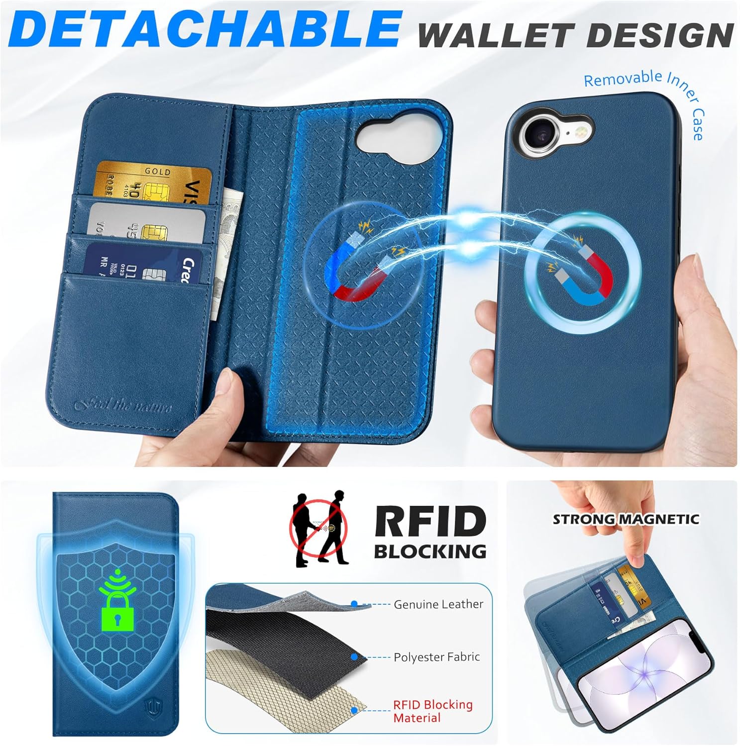 SHIELDON Detachable Wallet Case for iPhone 17e 6.1" 2026 | Genuine Leather, 2 in 1, Wireless Charging, Kickstand, RFID Blocking Credit Card Holder, Flip Magnetic Removable Cover - Royal Blue