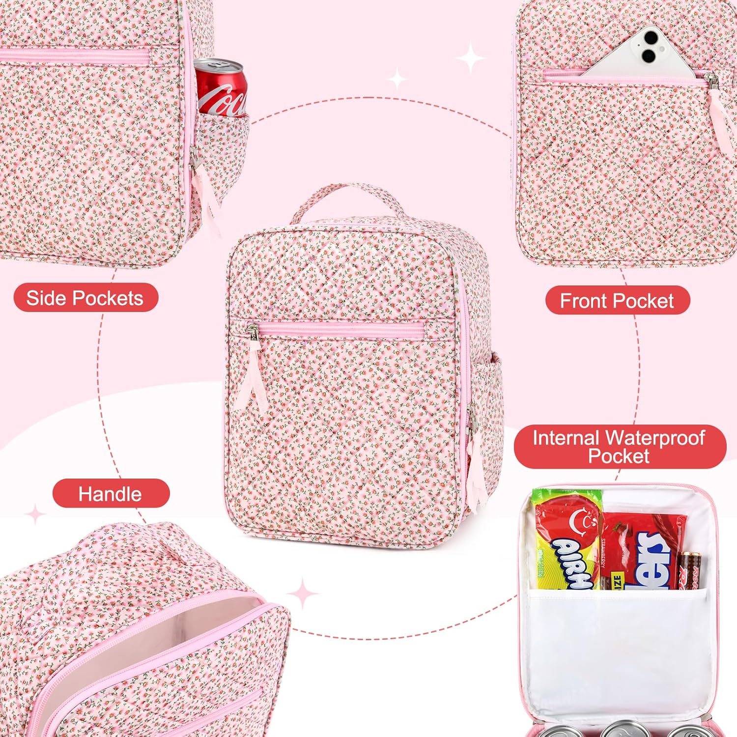 Aileam Lunch Box for Women Cute Lunch Bag Quilted Reusable Insulated Lunch Box Aesthetic Lunch Tote Bags Floral Cotton Lunch Case for Travel Work Picnic (PINK DITSY) - Image 5
