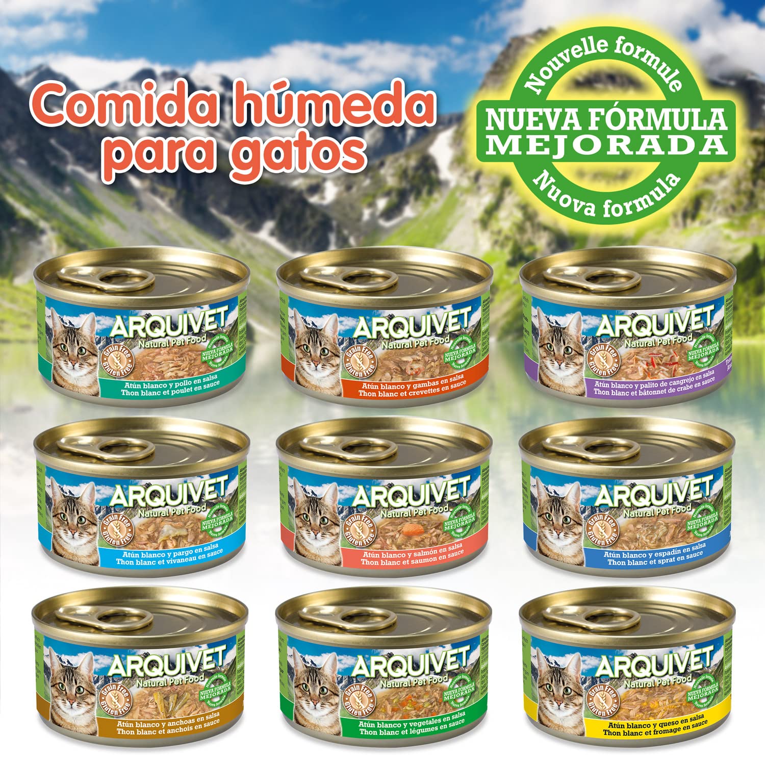 ARQUIVET Pack 24 unités. Thon blanc et anchois en sauce - Aliments gastronomiques à base d'ingrédients 100% naturels - Emballer 24 unités - 80 gr par unité - Aliments humides pour les chats