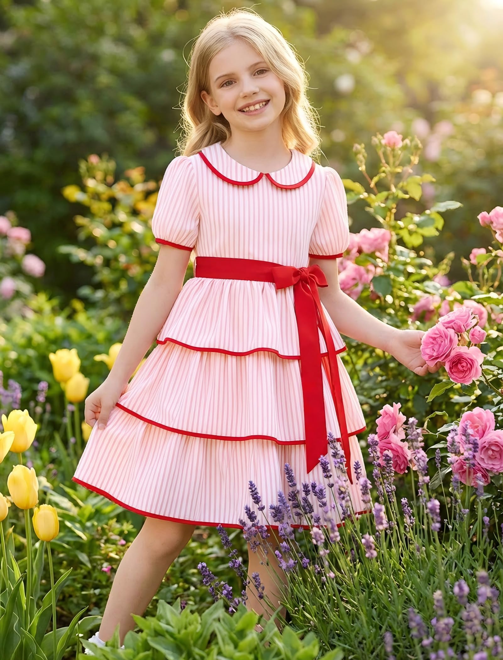 1950er Jahre Vintage Kleider für Mädchen 50er Jahre gestuft gestreift Puppenkragen Tee Party Kleid A-Linie Casual Geburtstag Party Outfit mit Gürtel