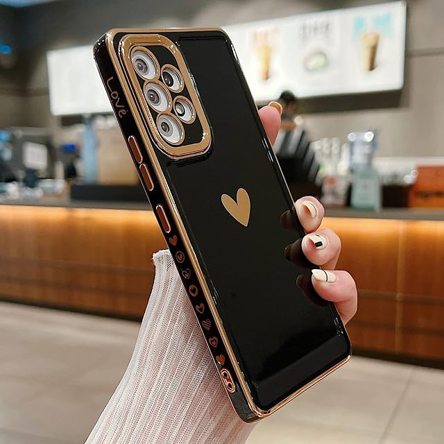 LSOUGUK Compatible with Samsung Galaxy A53 5G Case,Love Heart Pattern Electroplated Design Soft TPU Shockproof Protective Phone Case Full Camera Lens Protection Cover for Samsung Galaxy A53-Black