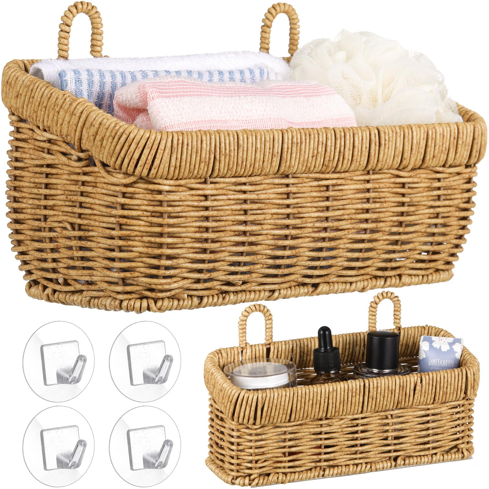Tioncy 2 Pcs Woven Hanging Wall Baskets for Storage Boho Style Hanging Storage Plastic Woven Baskets with 4 Hooks for Kitchen Garden Living Room(Light Brown,Imitation Rattan Plastic)