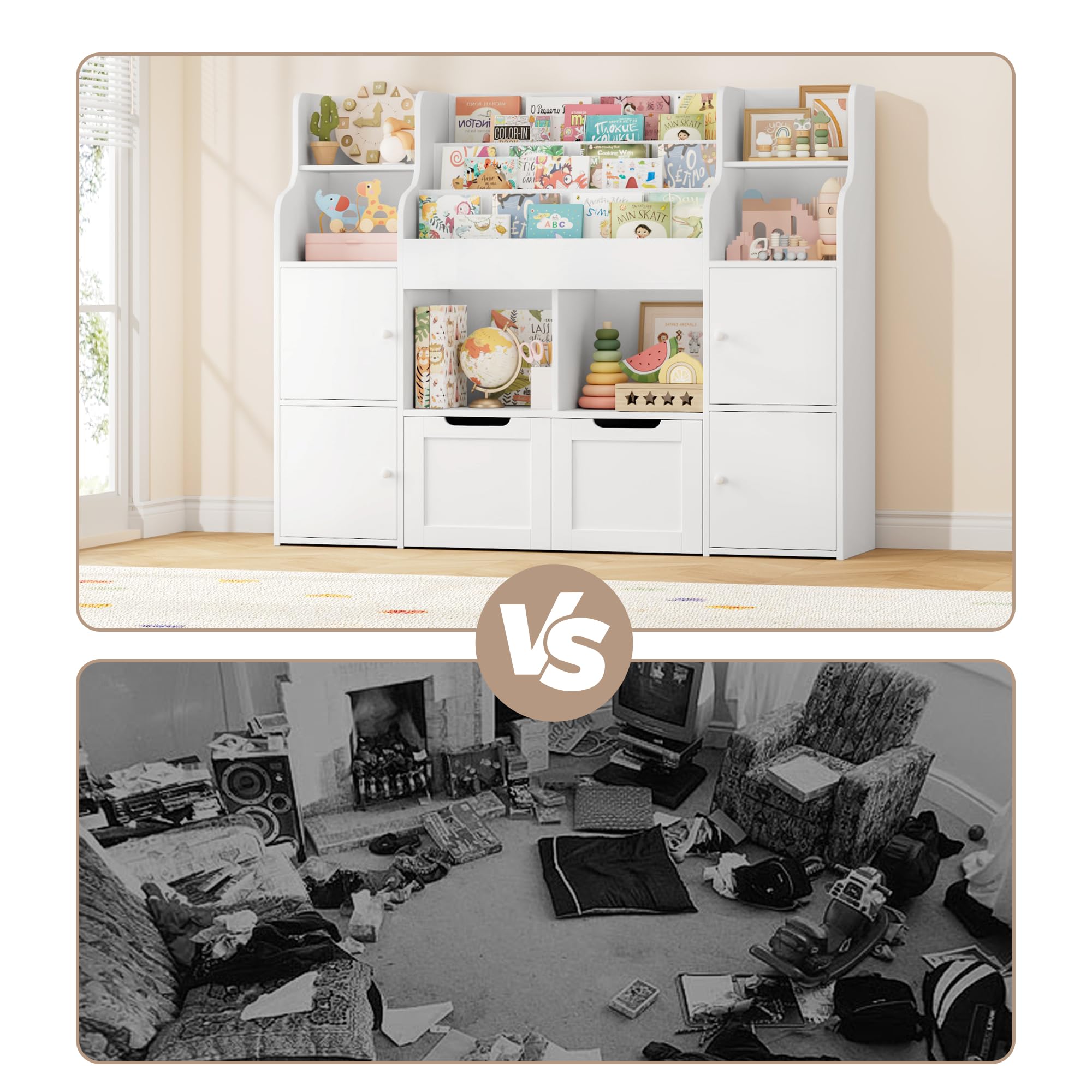FOREHILL Kinderregal mit Bücherregal Kinderzimmer Möbel aus Holz Bücherregal für Kinder mit Aufbewahrungsbox Kinderschrank mit 2 Spielzeugkiste auf Rollen 122 x 30 x 100 cm