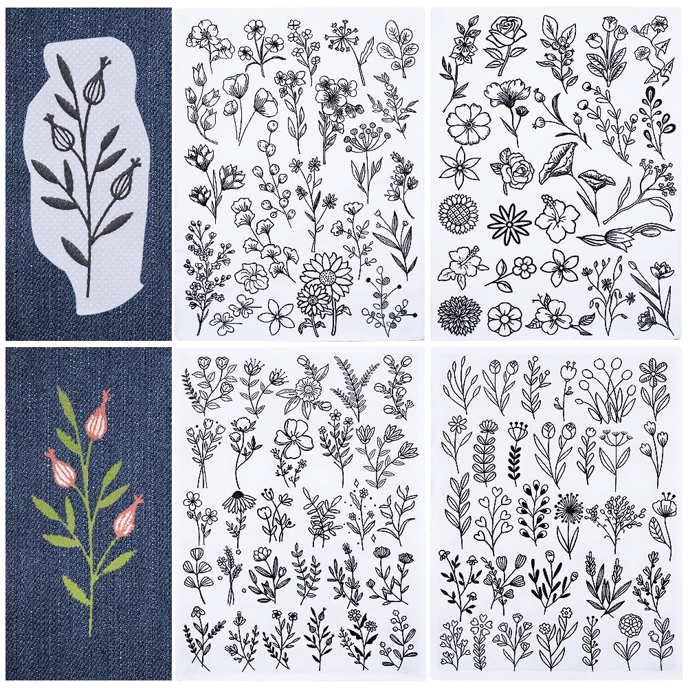 CRASPIRE 109Pcs Flower Leaves Water Soluble Embroidery Stabilizers Plants Hand Sewing Stick and Stitch Transfers Paper Wash Away Pre-Printed Self Adhesive Patterns for Bags Cloth Sewing Lovers