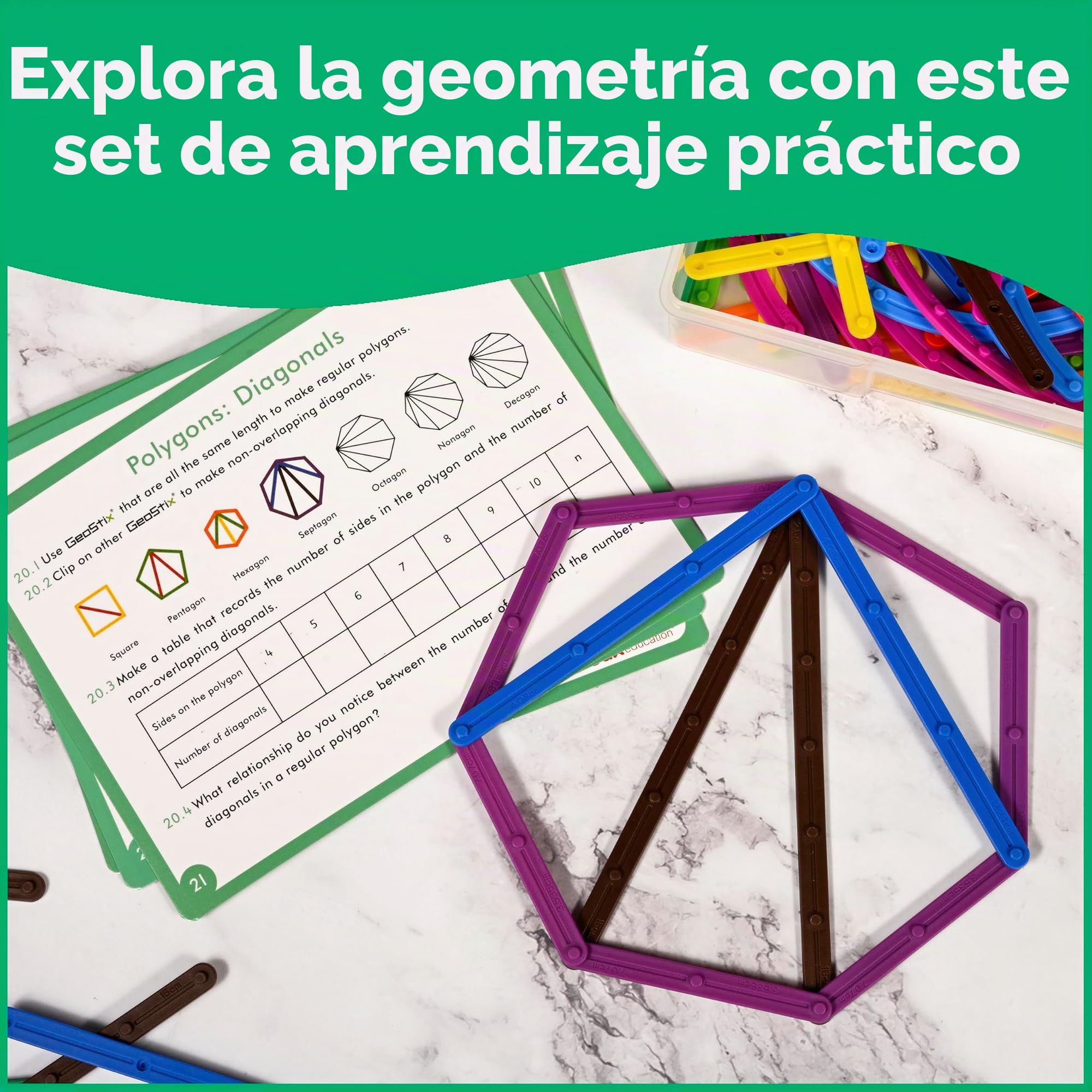 edxeducation GeoStix Deluxe Set | Teach Geometry | 100 Construction Sticks, 2 Protractors, Activity Cards | Manipulative for Math, Art and Fine Motor Skills