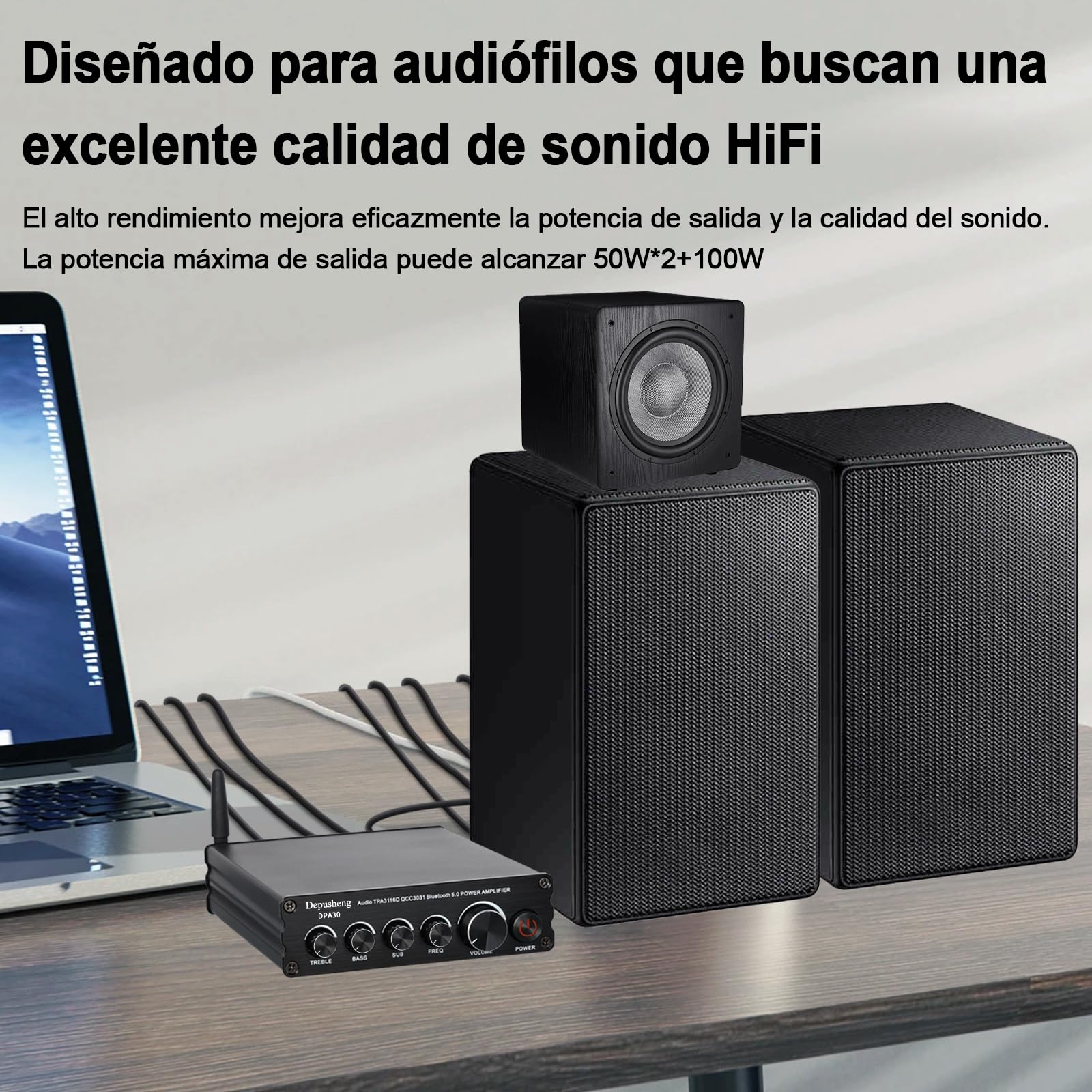 Depusheng DPA30 Amplificador Receptor de Audio estéreo 2.1 Canales Mini Hi-Fi Bluetooth 5.0 Amplificador de componentes de Audio 50 W x2+100 W para el hogar al Aire Libre Altavoz pasivo y subwoofer