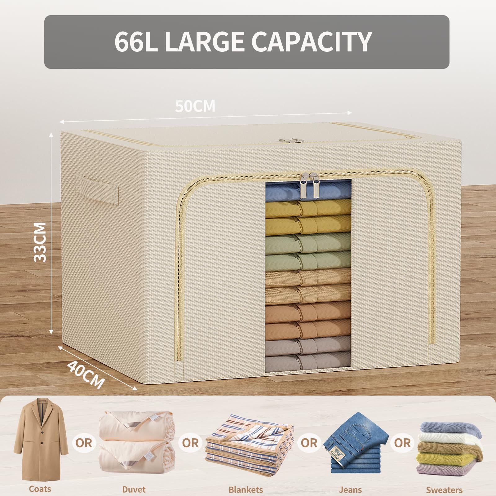 GoMaihe Scatole per Armadio Rigide 3 pezzi 198L: Contenitori per Armadio Cerniera - Piumone, Lenzuola Organizzatore Armadio - Scatole per Vestit (Beige, 66L)