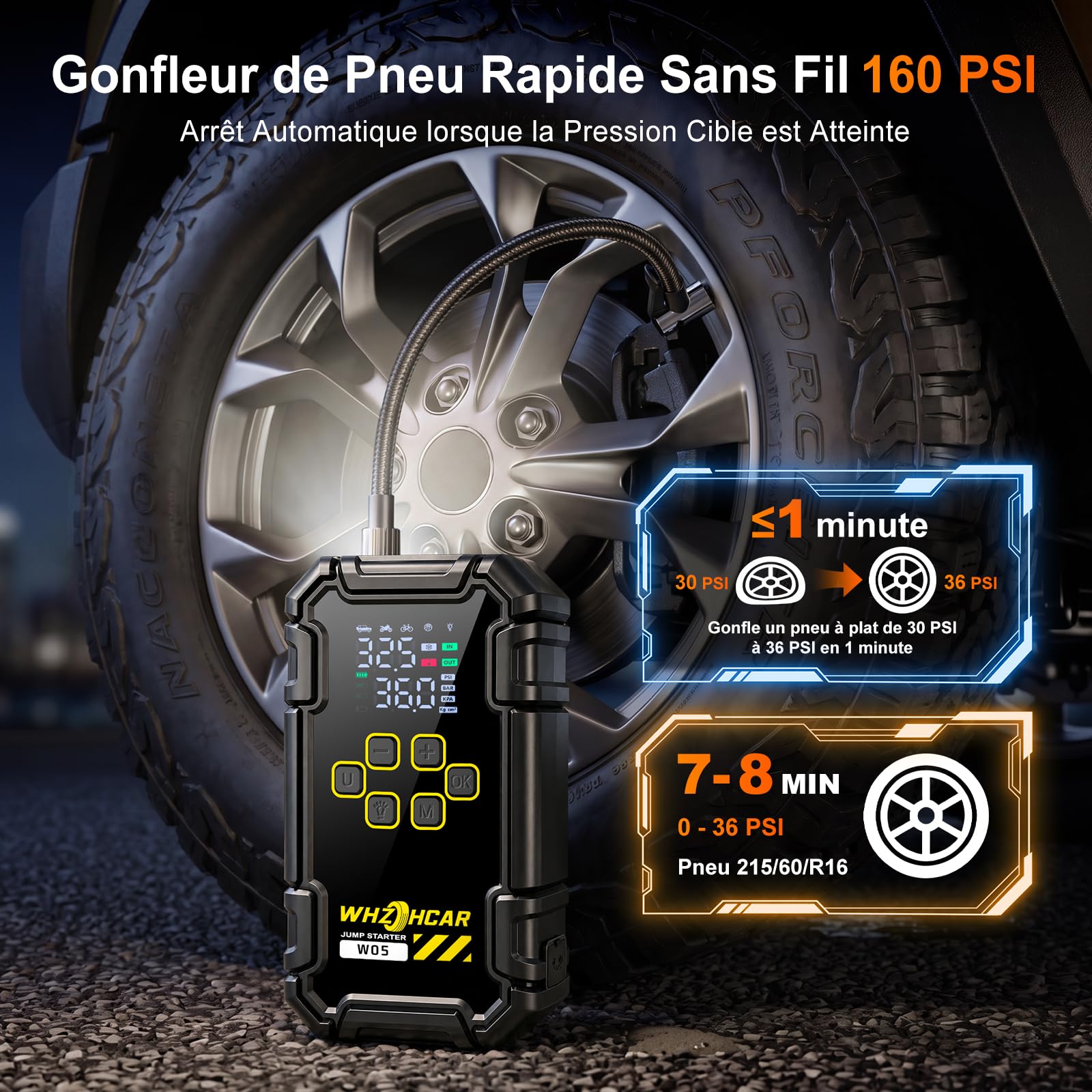 Booster Batterie Voiture 9000A avec Compresseur 160PSI, Démarreur Batterie Voiture 12V pour Tous Gaz/10L Diesel, Jump Starter avec Gonfleur Pneus, Écran LCD et 2 Lampes LED