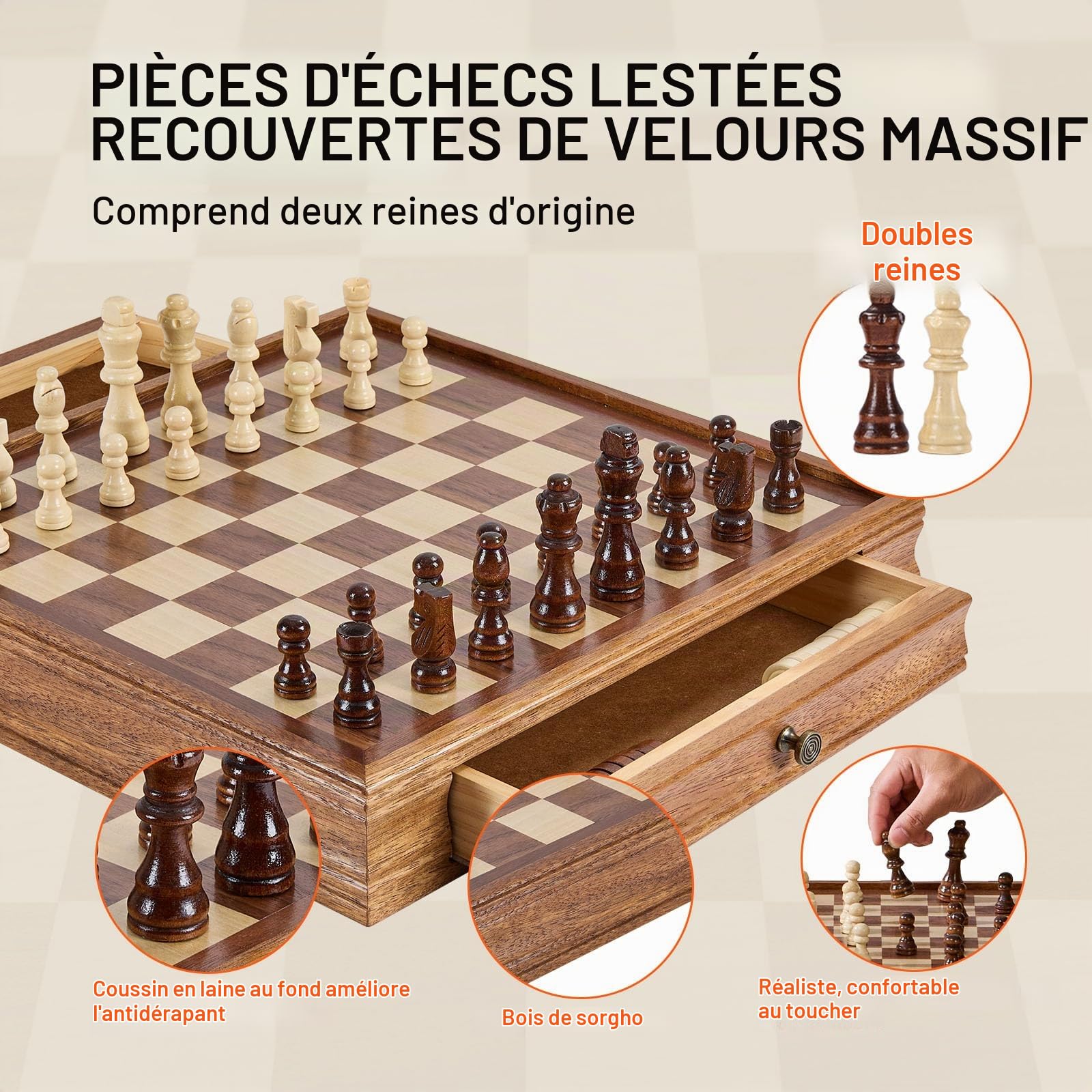 VEVOR Jeu d'échecs en Bois, 380 mm, Jeu d'échecs et de Dames 2 en 1, échiquier avec tiroir de Rangement, pièces de Dames d'échecs lestées et 2 Reines, pour Adultes, Enfants, Professionnels, débutants