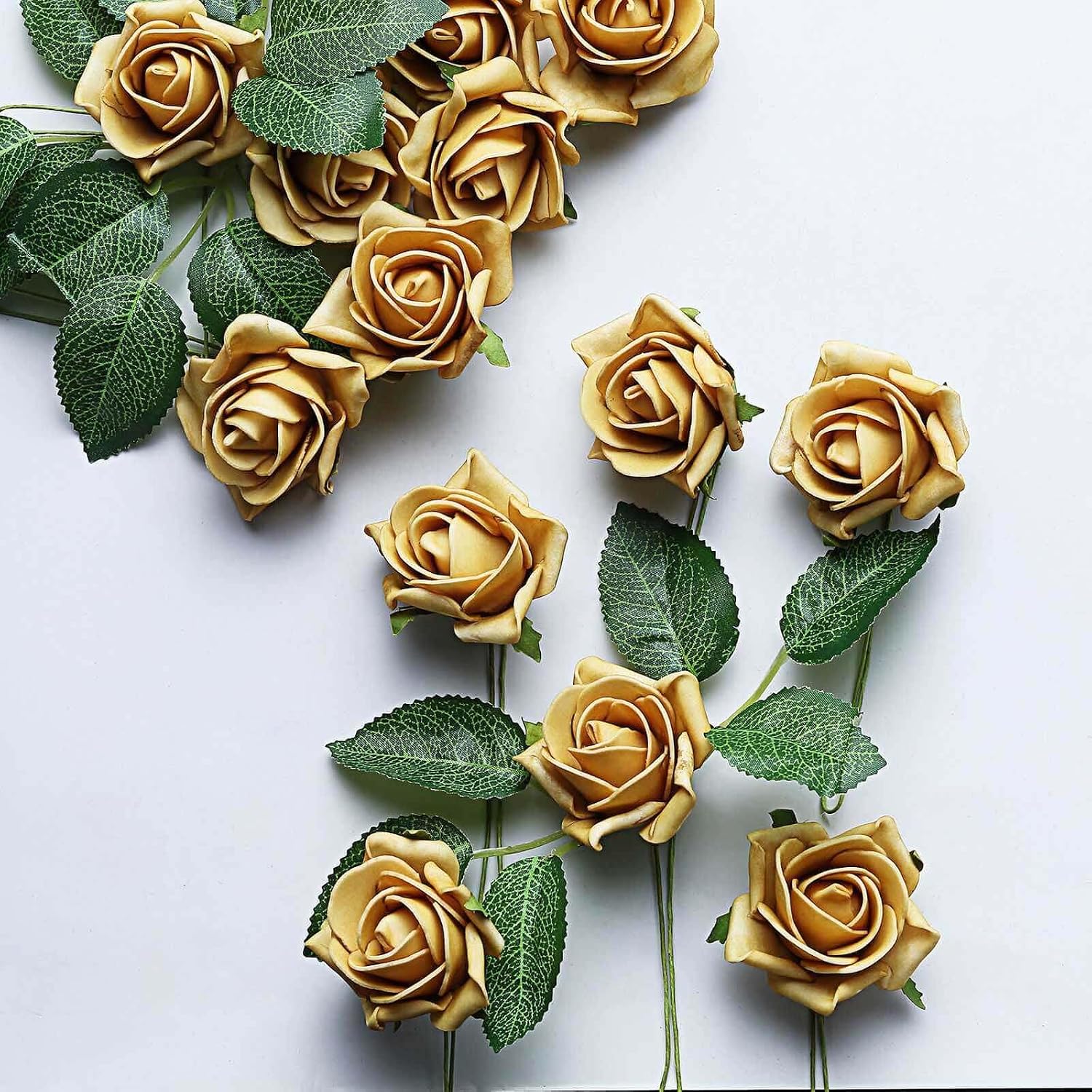 Efavormart Pack of 24 | 2-Inch Gold Artificial Foam Roses with Stems and Leaves, Glamorous Metallic Faux Flowers for Holiday Parties and Gala Decor
