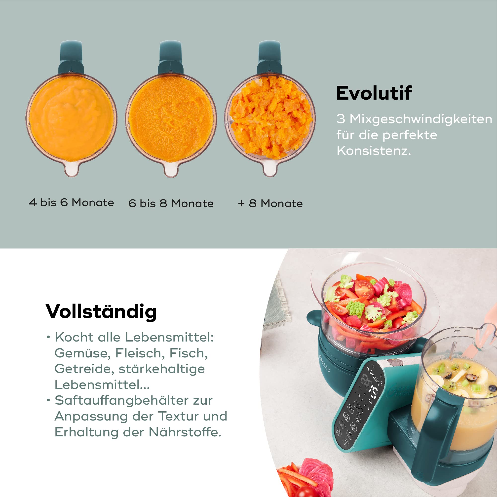 Babymoov Set Nutribaby Plus Opal Green - Babynahrungszubereiter, 2200ml Fassungsvermögen + Babybols Aufbewahrungsbehälter für Babynahrung 15-teilig (3x120ml + 3x180ml + 6x250ml + 3 flexible Löffel)