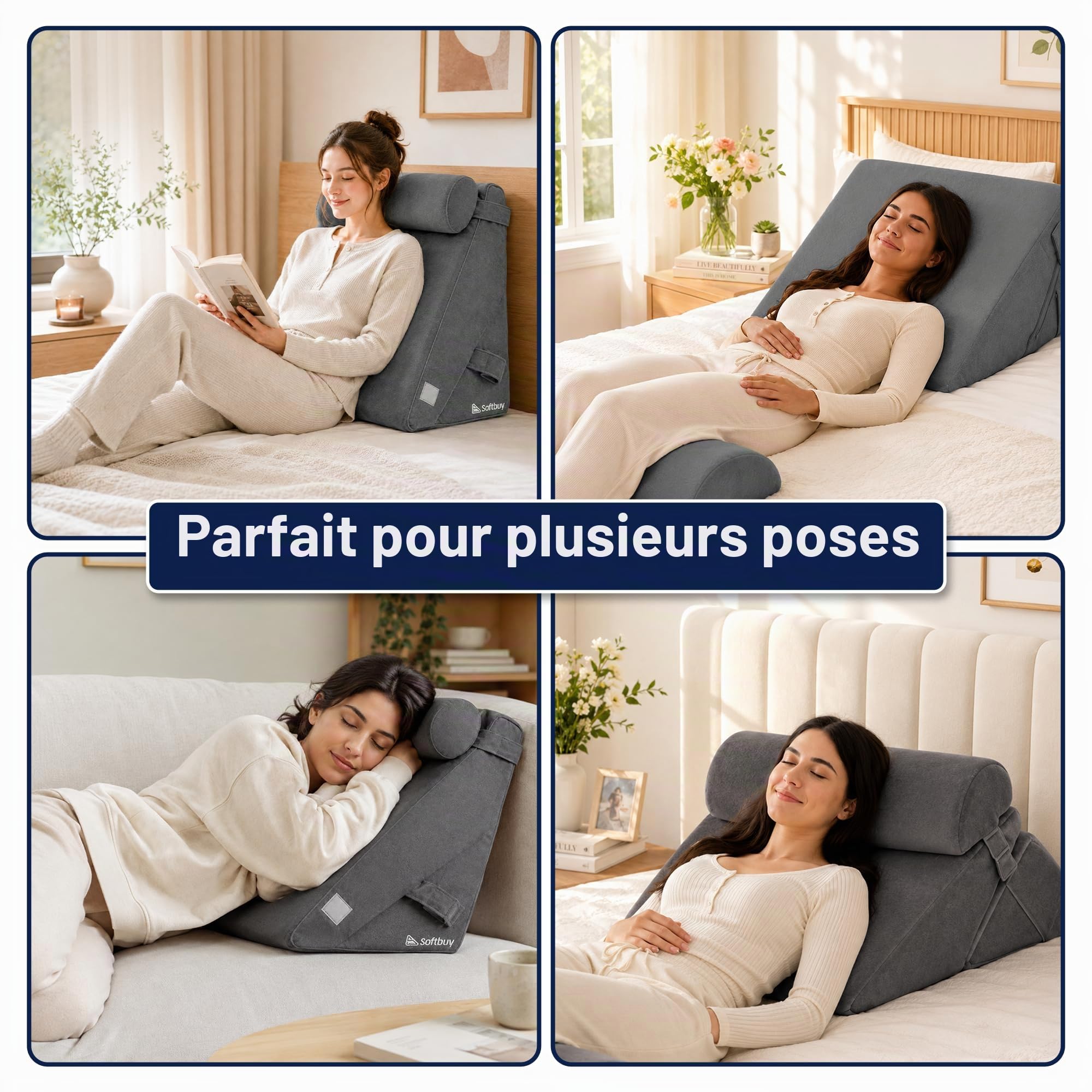 Coussin de lit orthopédique 12 en 1 avec appuie-tête – Coussin de lit en mousse à mémoire de forme convertible pour adultes – Idéal pour la lecture, le repos, le reflux acide, la douleur au