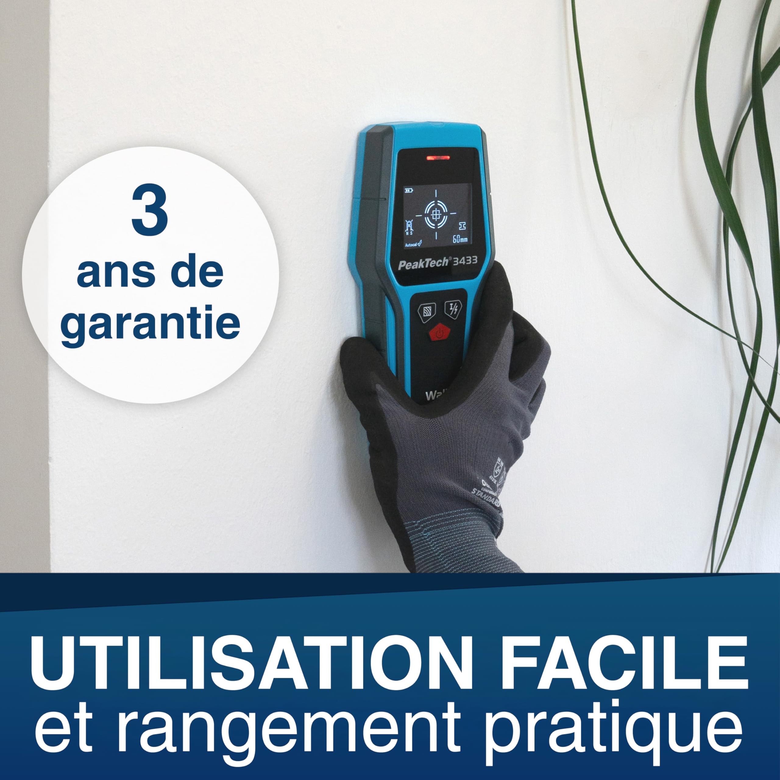 PeakTech 3433 - Scanner Mural numérique, localisateur numérique, détecteur de Montants, Profondeur de détection 20-120 mm, détecteur de Lignes, détection de métaux, Dispositif d'arrêt Automatique