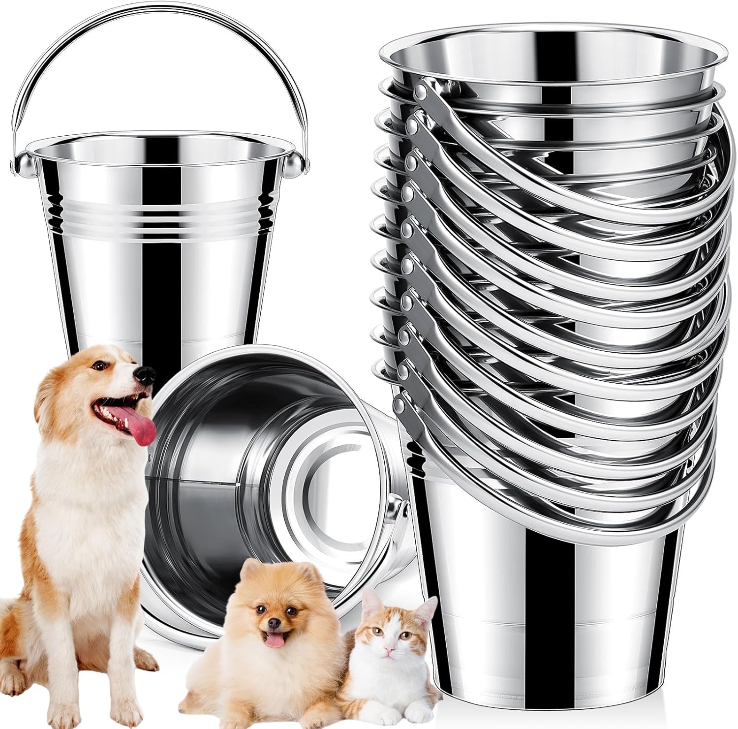 Hicarer 10 Pcs Dog Stainless Steel Bucket Heavy Duty Water