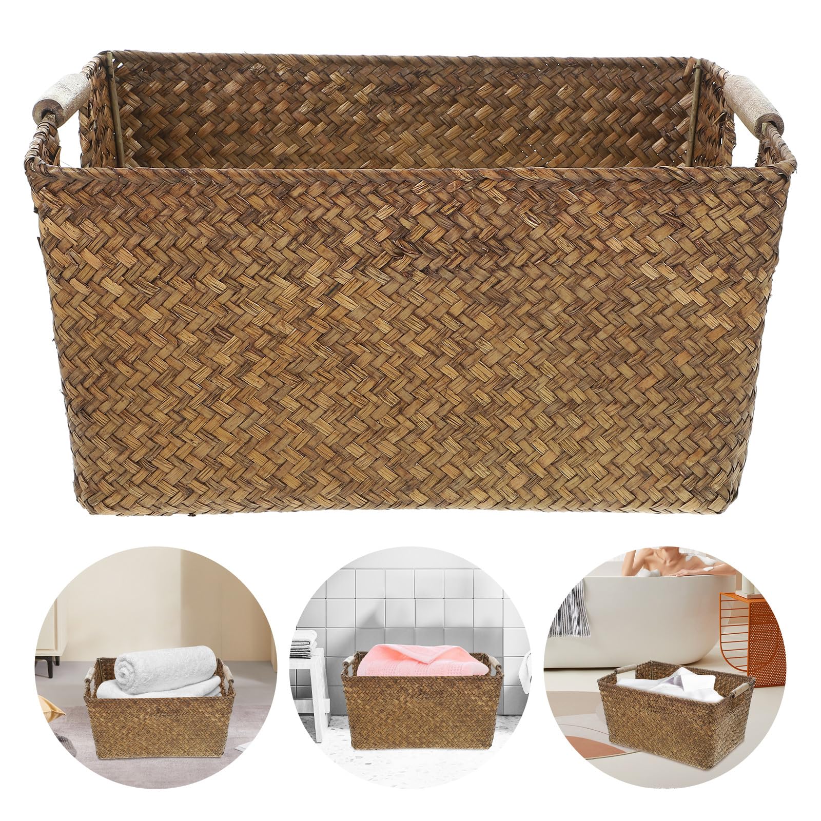 Cestino Rattan in Alga Marina e Legno, Rettangolare, Leggero, per Organizer Bagno e Casa, Cestino Portaoggetti Multiuso