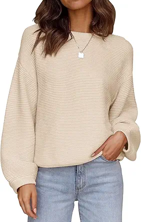 ZESICA Women's 2023 Crew Neck Long Lantern Sleeve Casual Loose Ribbed Knit Solid Soft Pullover Sweater Tops