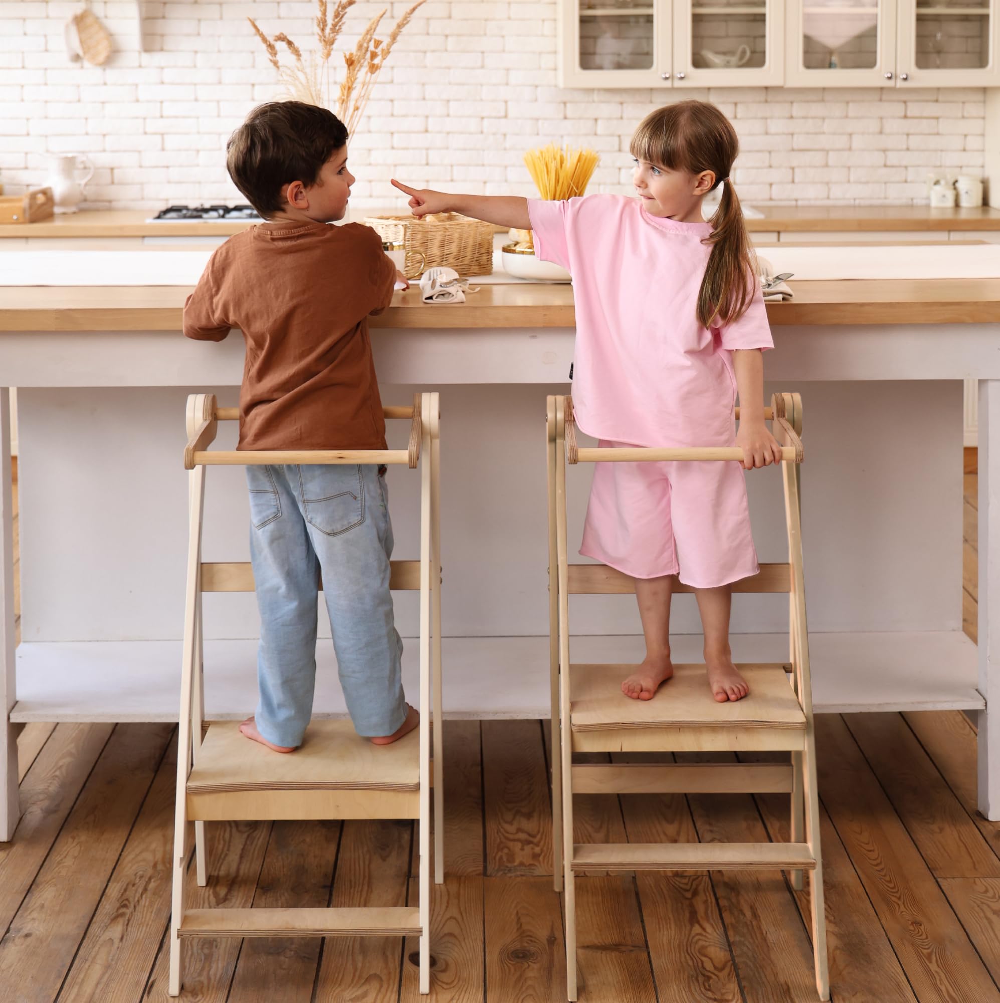 Montessori Learning Tower in legno, torre di apprendimento pieghevole per bambini, salvaspazio, anti-ribaltamento, antiscivolo, sgabello per cucina e bagno, design sottile