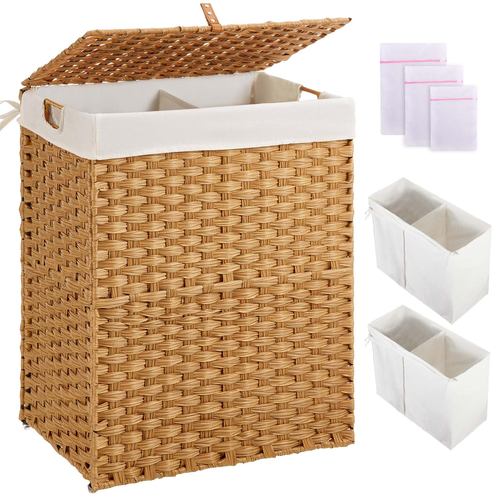 Laundry Hamper No Install Needed, Divided Clothes Hamper with 2 Removable Liner Bags, 90L Handwoven Synthetic Rattan Laundry Basket with Lid and Handles, Foldable Natural