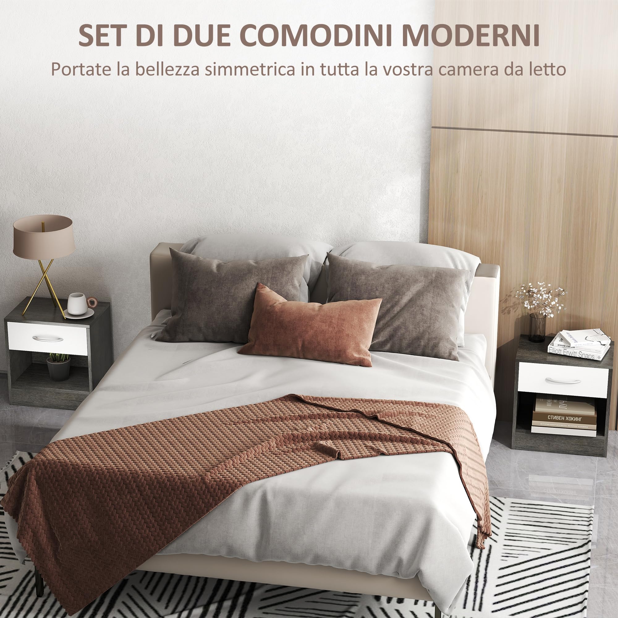 HOMCOM Set 2 Comodini per Camera da Letto con Ripiano Aperto e Cassetto, Comodini Moderni in Truciolato, 39x28x41 cm, Bianco e Grigio Scuro