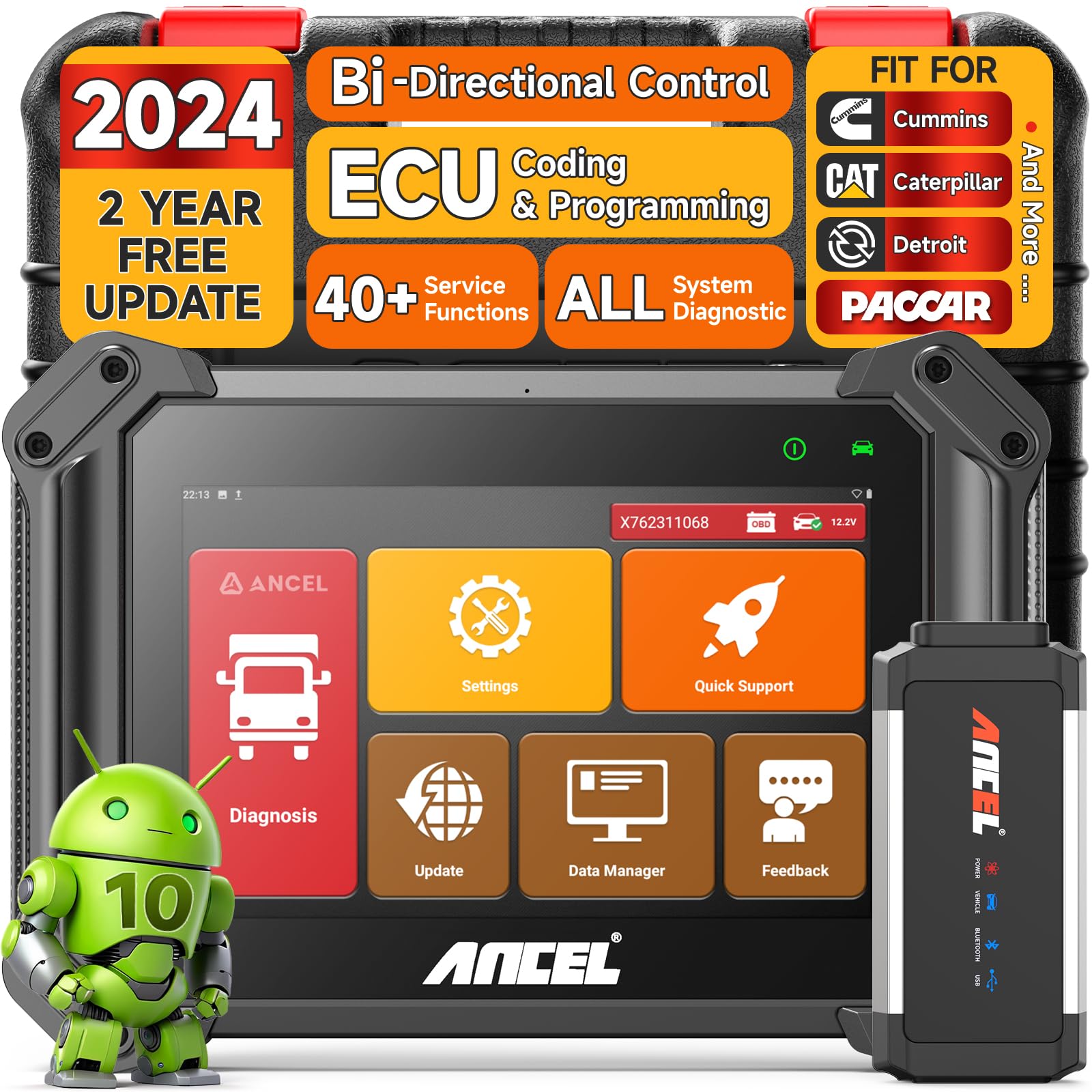 ANCEL V6HD Heavy Duty Truck Scanner, 2024 Diesel Diagnostic Scan Tool with Wide U.S Diesel Truck Compatibility, 40+ Resets, ECU Coding, Free Update, DPF Regen for Cummins, Caterpillar, Paccar, Detroit
