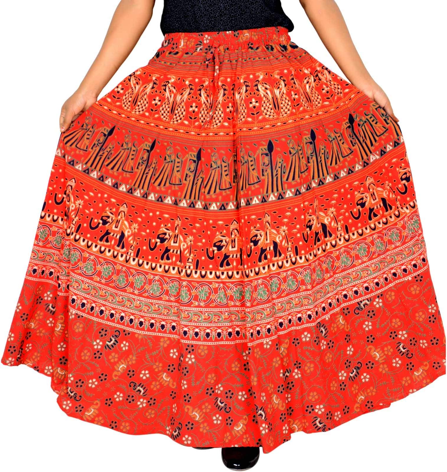 SttoffaBelly Dance Hippie Skirt Ethnic Style Cotton Elastic Band Skirt Size 2XS Orange 36 Length Skirt D7